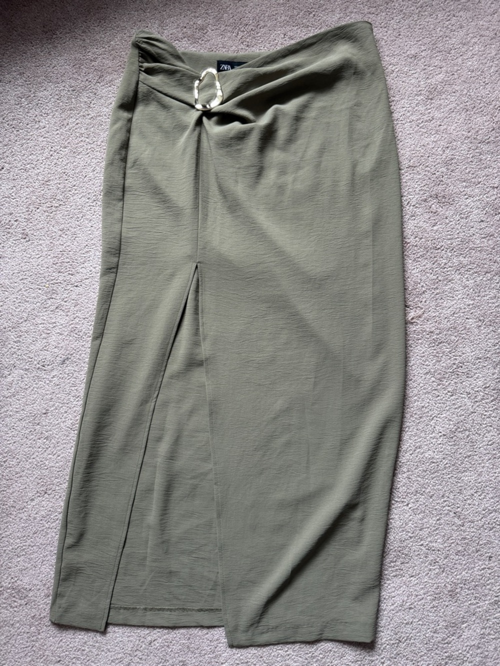 Zara Olive Green Midi Skirt with Side Slit and Ring Detail